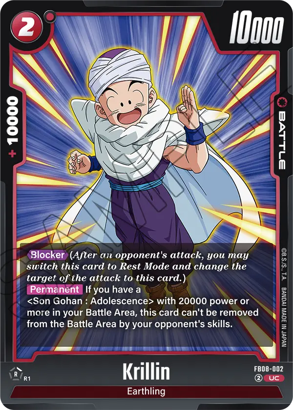 2025 Dragon Ball Super Card Game Fusion World Saiyan's Pride (FB08) #FB08-002 Krillin; official card image from the Bandai card database; publisher sample markings retained