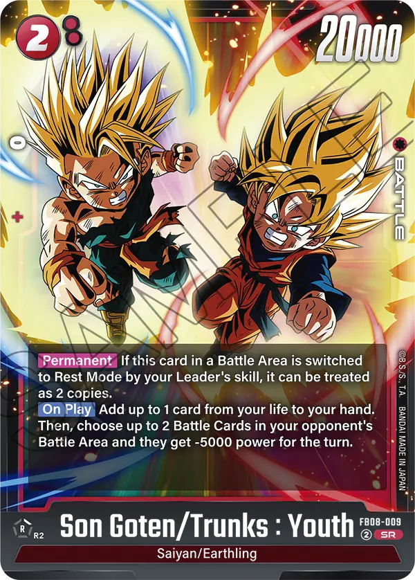 2025 Dragon Ball Super Card Game Fusion World Saiyan's Pride (FB08) #FB08-009 Son Goten/Trunks : Youth; official card image from the Bandai card database; publisher sample markings retained