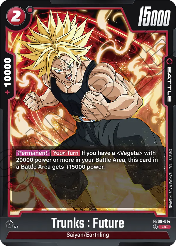 2025 Dragon Ball Super Card Game Fusion World Saiyan's Pride (FB08) #FB08-014 Trunks : Future; official card image from the Bandai card database; publisher sample markings retained