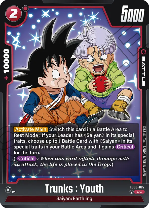 2025 Dragon Ball Super Card Game Fusion World Saiyan's Pride (FB08) #FB08-015 Trunks : Youth; official card image from the Bandai card database; publisher sample markings retained