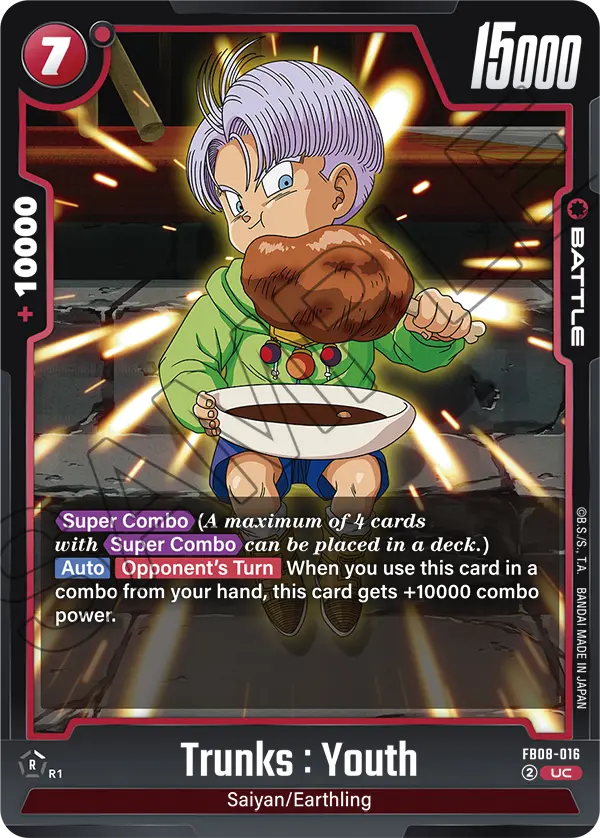 2025 Dragon Ball Super Card Game Fusion World Saiyan's Pride (FB08) #FB08-016 Trunks : Youth; official card image from the Bandai card database; publisher sample markings retained