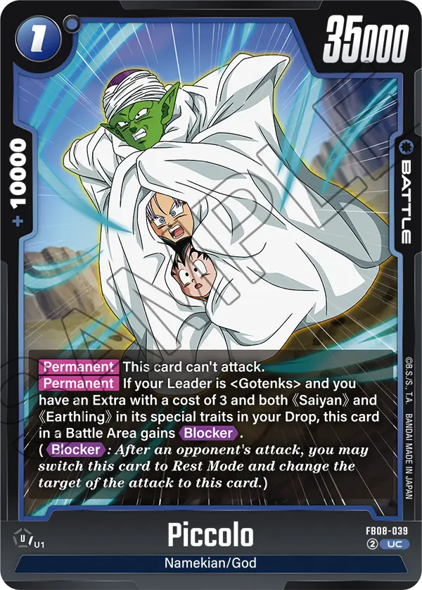 2025 Dragon Ball Super Card Game Fusion World Saiyan's Pride (FB08) #FB08-039 Piccolo; official card image from the Bandai card database; publisher sample markings retained