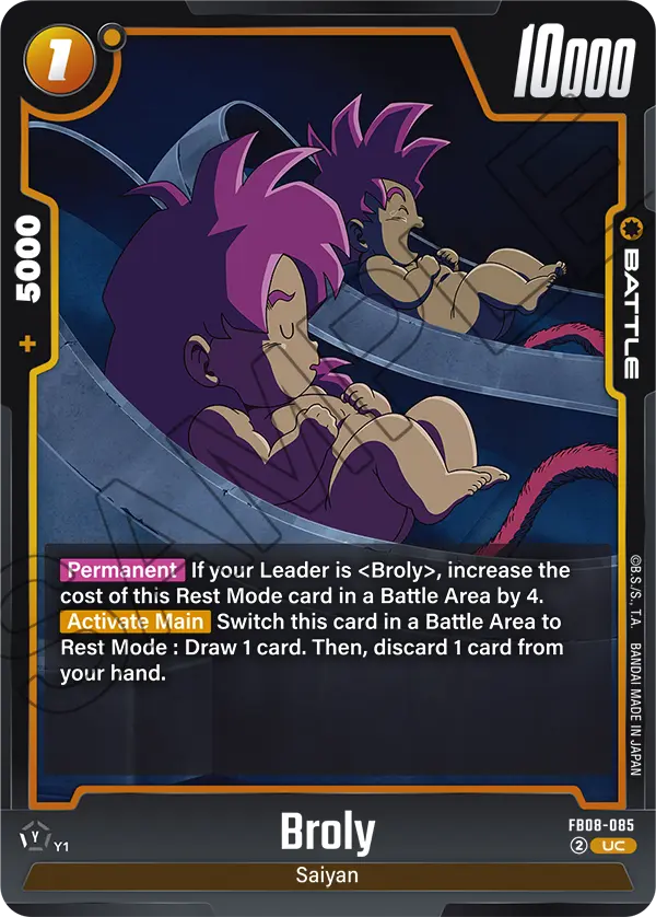 2025 Dragon Ball Super Card Game Fusion World Saiyan's Pride (FB08) #FB08-085 Broly; official card image from the Bandai card database; publisher sample markings retained