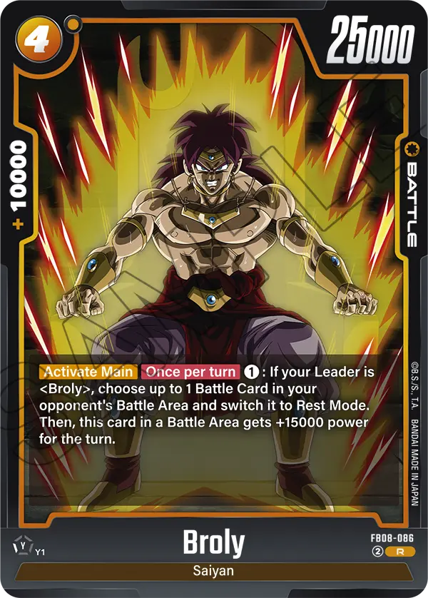 2025 Dragon Ball Super Card Game Fusion World Saiyan's Pride (FB08) #FB08-086 Broly; official card image from the Bandai card database; publisher sample markings retained