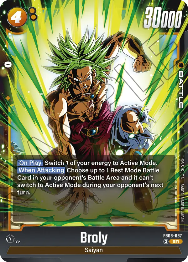 2025 Dragon Ball Super Card Game Fusion World Saiyan's Pride (FB08) #FB08-087 Broly; official card image from the Bandai card database; publisher sample markings retained