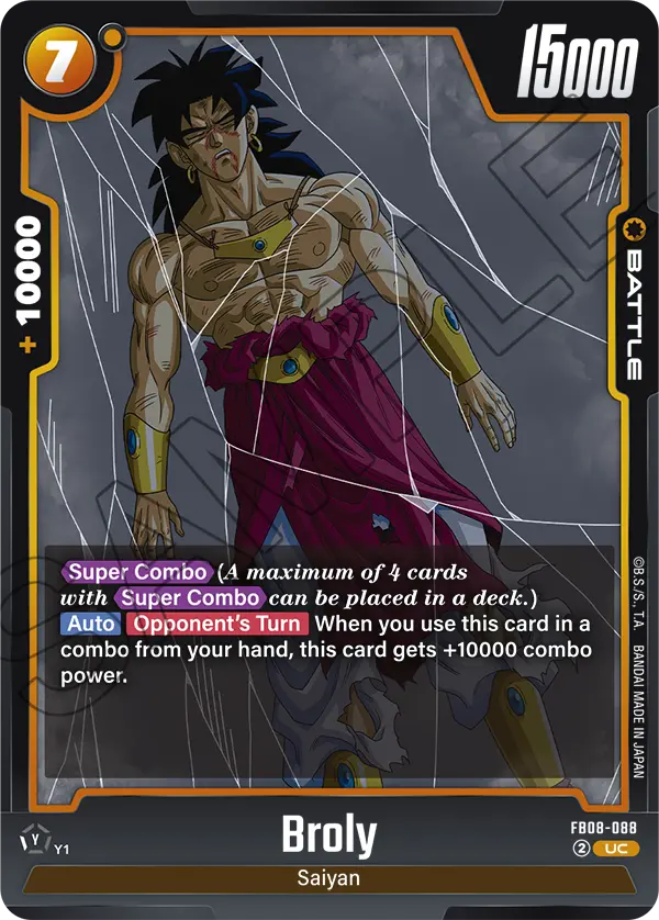 2025 Dragon Ball Super Card Game Fusion World Saiyan's Pride (FB08) #FB08-088 Broly; official card image from the Bandai card database; publisher sample markings retained