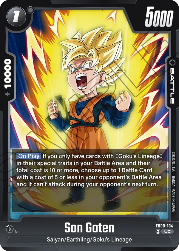 2025 Dragon Ball Super Card Game Fusion World Saiyan's Pride (FB08) #FB08-104 Son Goten; official card image from the Bandai card database; publisher sample markings retained