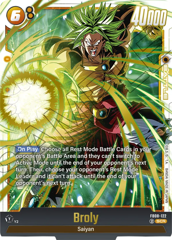2025 Dragon Ball Super Card Game Fusion World Saiyan's Pride (FB08) #FB08-122 Broly; official card image from the Bandai card database; publisher sample markings retained