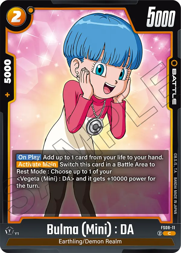 2025 Dragon Ball Super Card Game Fusion World Starter Deck Vegeta (Mini) Super Saiyan 3 (FS08) #FS08-11 Bulma (Mini) : DA; official card image from the Bandai card database; publisher sample markings retained