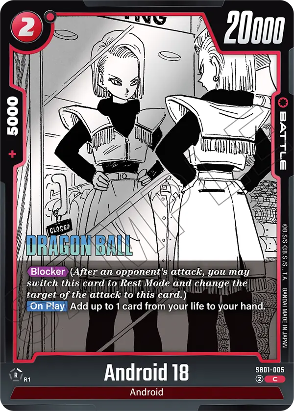 2025 Dragon Ball Super Card Game Fusion World Manga Booster 01 (SB01) #SB01-005 Android 18; official card image from the Bandai card database; publisher sample markings retained