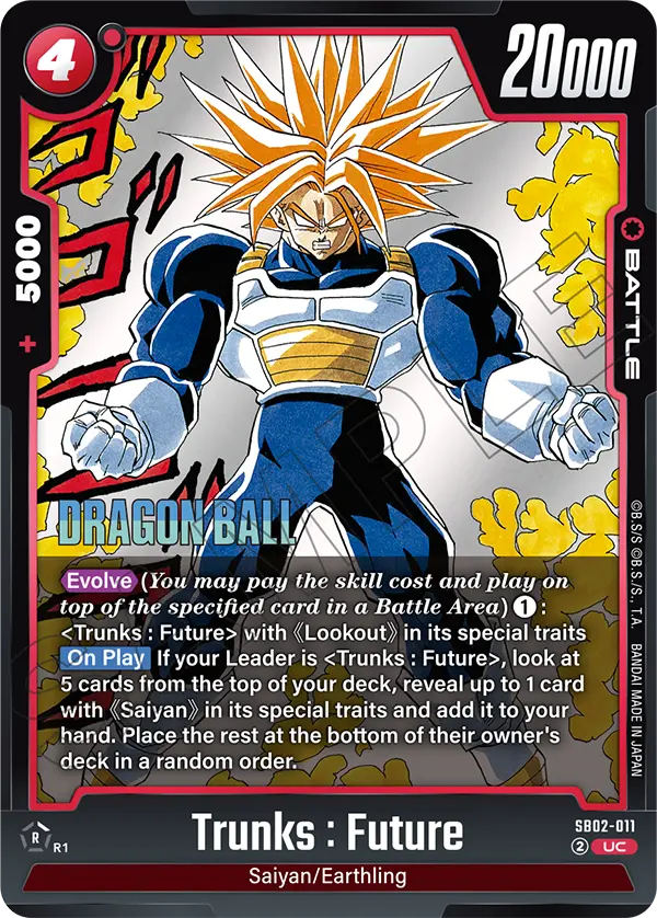 2025 Dragon Ball Super Card Game Fusion World Manga Booster 02 (SB02) #SB02-011 Trunks : Future; official card image from the Bandai card database; publisher sample markings retained
