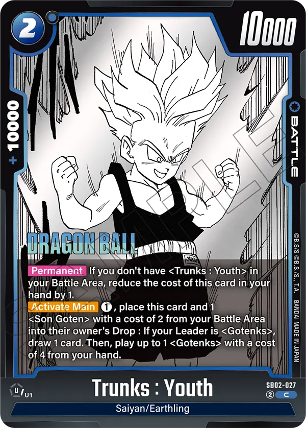 2025 Dragon Ball Super Card Game Fusion World Manga Booster 02 (SB02) #SB02-027 Trunks : Youth; official card image from the Bandai card database; publisher sample markings retained