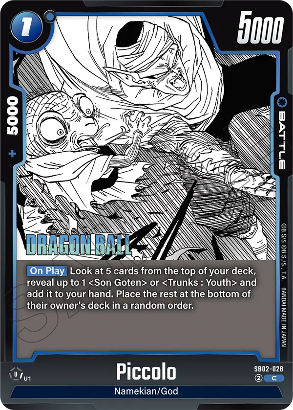 2025 Dragon Ball Super Card Game Fusion World Manga Booster 02 (SB02) #SB02-028 Piccolo; official card image from the Bandai card database; publisher sample markings retained
