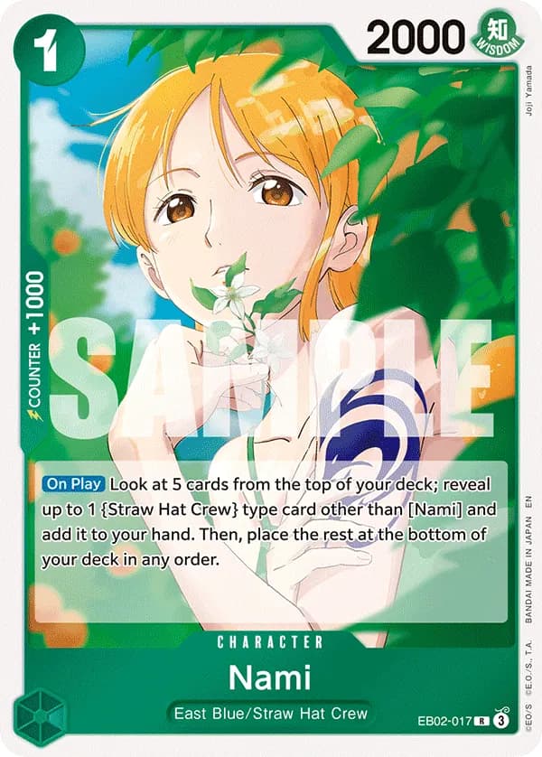 2025 One Piece Card Game Anime 25th Collection (EB-02) #EB02-017 Nami; official card image from the Bandai card list; publisher sample markings retained