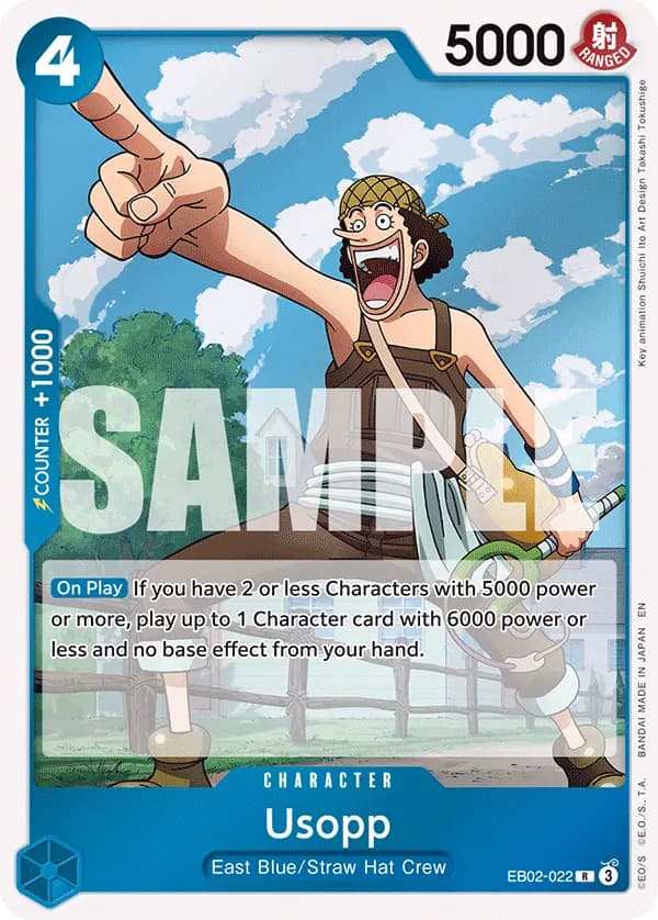 2025 One Piece Card Game Anime 25th Collection (EB-02) #EB02-022 Usopp; official card image from the Bandai card list; publisher sample markings retained