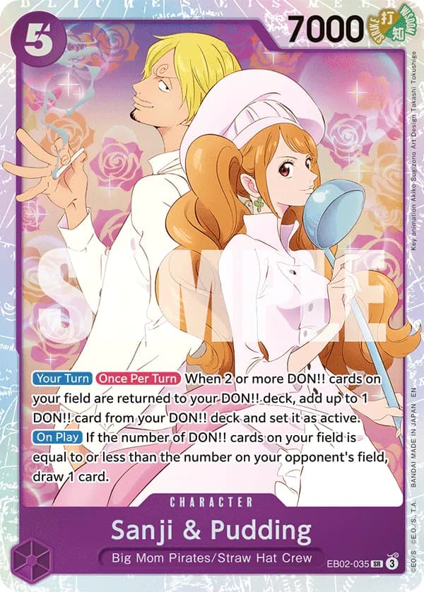 2025 One Piece Card Game Anime 25th Collection (EB-02) #EB02-035 Sanji & Pudding; official card image from the Bandai card list; publisher sample markings retained