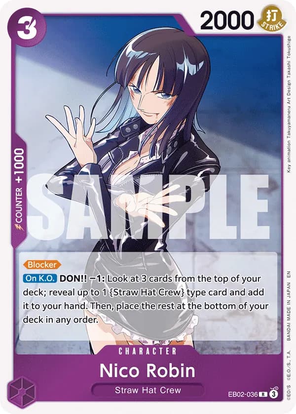 2025 One Piece Card Game Anime 25th Collection (EB-02) #EB02-036 Nico Robin; official card image from the Bandai card list; publisher sample markings retained