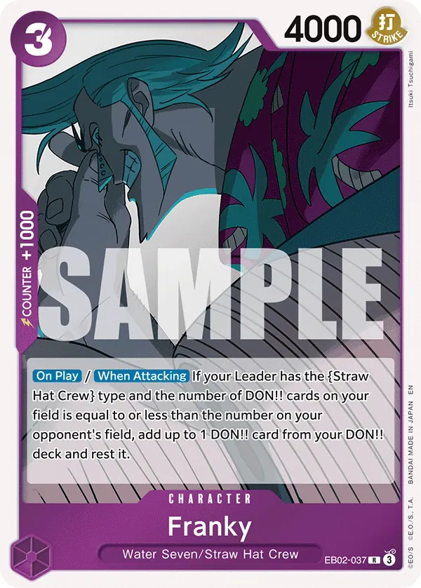 2025 One Piece Card Game Anime 25th Collection (EB-02) #EB02-037 Franky; official card image from the Bandai card list; publisher sample markings retained