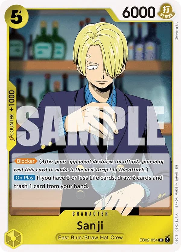 2025 One Piece Card Game Anime 25th Collection (EB-02) #EB02-054 Sanji; official card image from the Bandai card list; publisher sample markings retained
