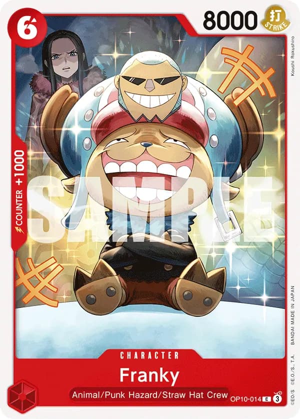 2025 One Piece Card Game Royal Blood (OP-10) #OP10-014 Franky; official card image from the Bandai card list; publisher sample markings retained
