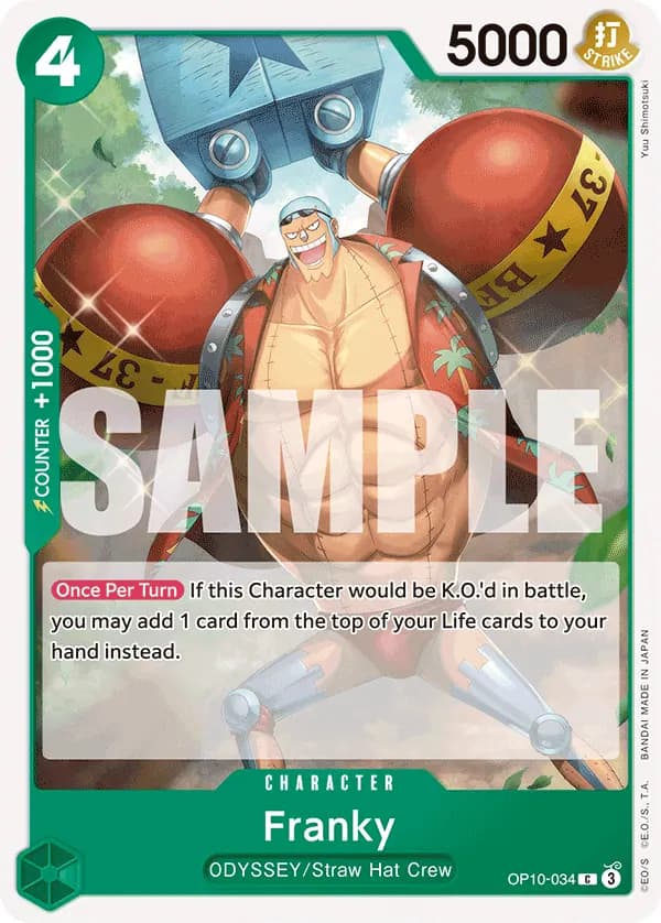 2025 One Piece Card Game Royal Blood (OP-10) #OP10-034 Franky; official card image from the Bandai card list; publisher sample markings retained