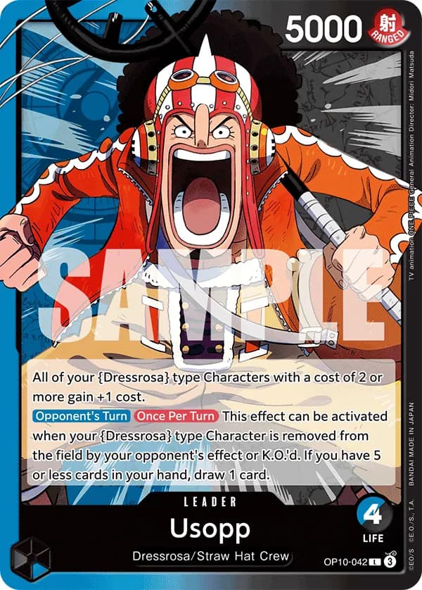 2025 One Piece Card Game Royal Blood (OP-10) #OP10-042 Usopp; official card image from the Bandai card list; publisher sample markings retained