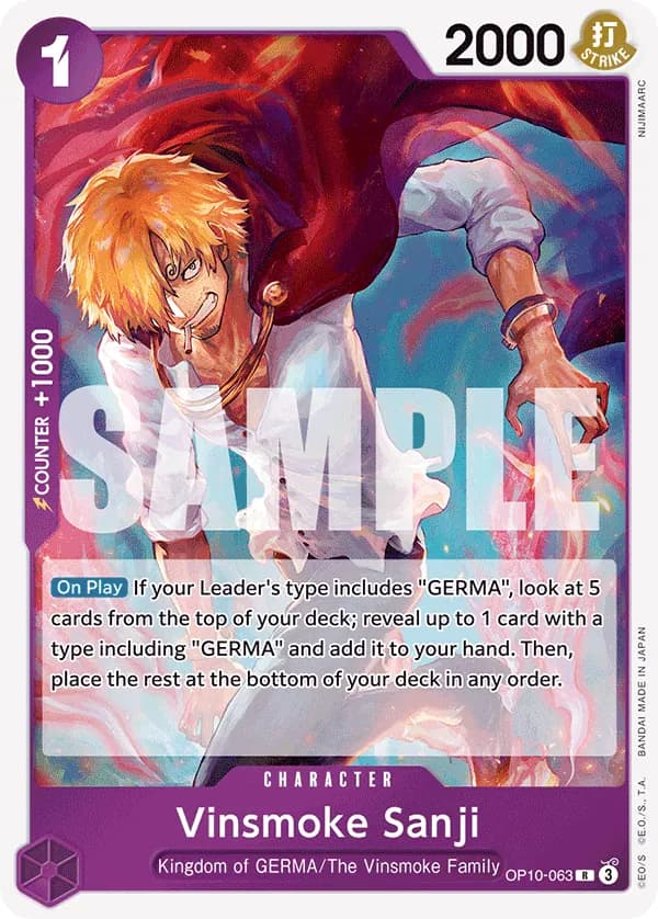 2025 One Piece Card Game Royal Blood (OP-10) #OP10-063 Vinsmoke Sanji; official card image from the Bandai card list; publisher sample markings retained