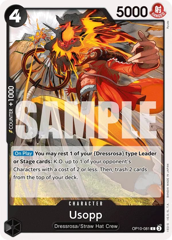 2025 One Piece Card Game Royal Blood (OP-10) #OP10-081 Usopp; official card image from the Bandai card list; publisher sample markings retained
