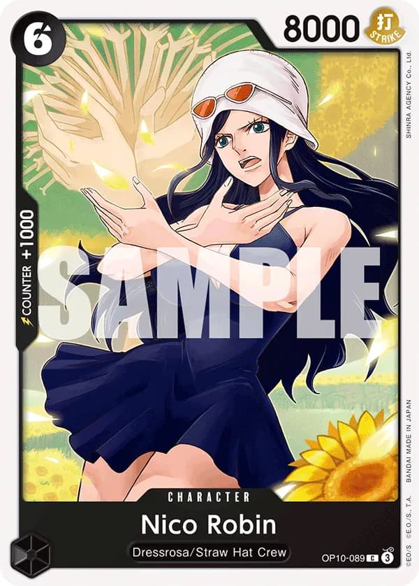 2025 One Piece Card Game Royal Blood (OP-10) #OP10-089 Nico Robin; official card image from the Bandai card list; publisher sample markings retained