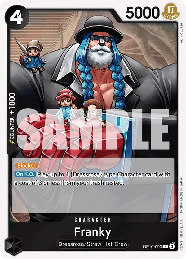 2025 One Piece Card Game Royal Blood (OP-10) #OP10-090 Franky; official card image from the Bandai card list; publisher sample markings retained