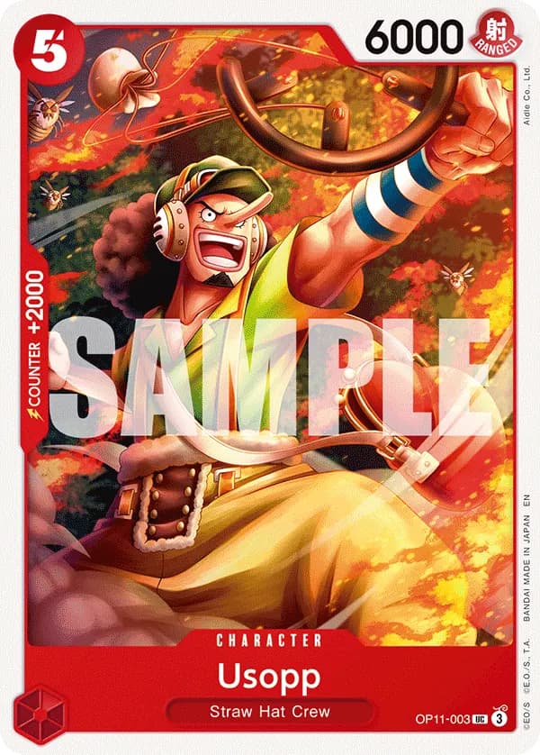 2025 One Piece Card Game A Fist of Divine Speed (OP-11) #OP11-003 Usopp; official card image from the Bandai card list; publisher sample markings retained