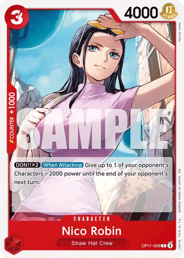 2025 One Piece Card Game A Fist of Divine Speed (OP-11) #OP11-009 Nico Robin; official card image from the Bandai card list; publisher sample markings retained