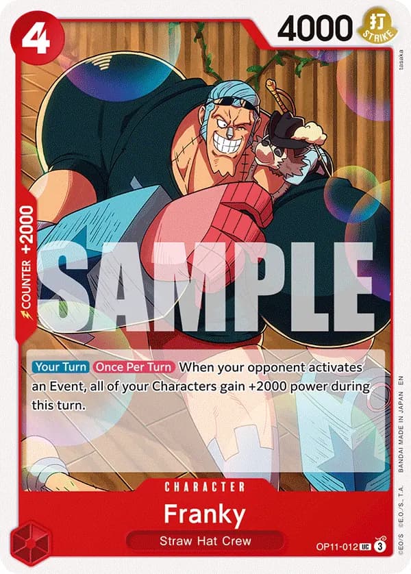 2025 One Piece Card Game A Fist of Divine Speed (OP-11) #OP11-012 Franky; official card image from the Bandai card list; publisher sample markings retained
