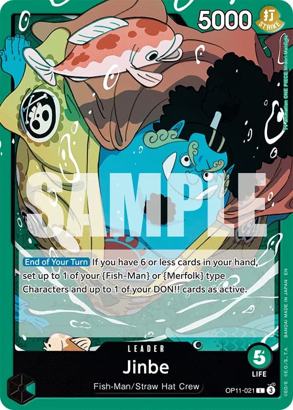 2025 One Piece Card Game A Fist of Divine Speed (OP-11) #OP11-021 Jinbe; official card image from the Bandai card list; publisher sample markings retained