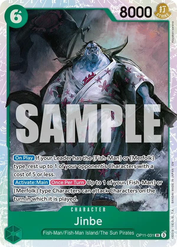 2025 One Piece Card Game A Fist of Divine Speed (OP-11) #OP11-031 Jinbe; official card image from the Bandai card list; publisher sample markings retained