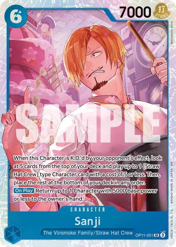 2025 One Piece Card Game A Fist of Divine Speed (OP-11) #OP11-051 Sanji; official card image from the Bandai card list; publisher sample markings retained