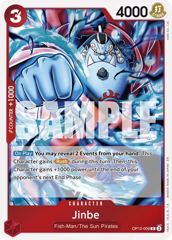 2025 One Piece Card Game Legacy of the Master (OP-12) #OP12-009 Jinbe; official card image from the Bandai card list; publisher sample markings retained