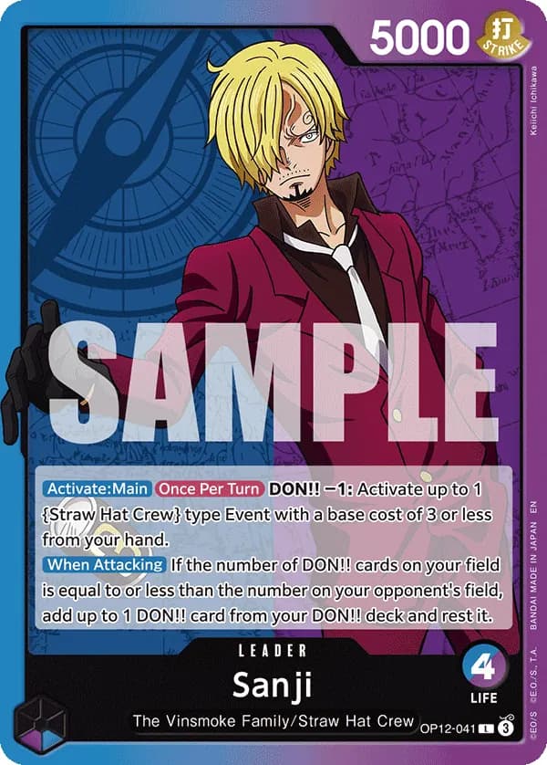 2025 One Piece Card Game Legacy of the Master (OP-12) #OP12-041 Sanji; official card image from the Bandai card list; publisher sample markings retained