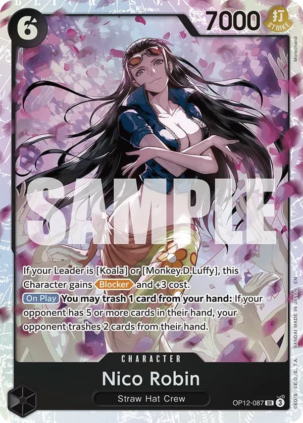 2025 One Piece Card Game Legacy of the Master (OP-12) #OP12-087 Nico Robin; official card image from the Bandai card list; publisher sample markings retained