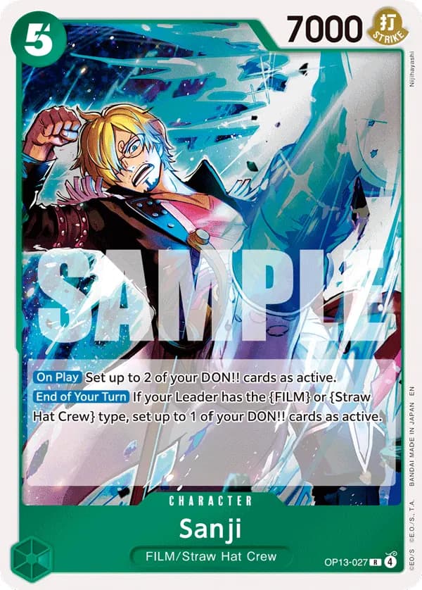 2025 One Piece Card Game Carrying on His Will (OP-13) #OP13-027 Sanji; official card image from the Bandai card list; publisher sample markings retained