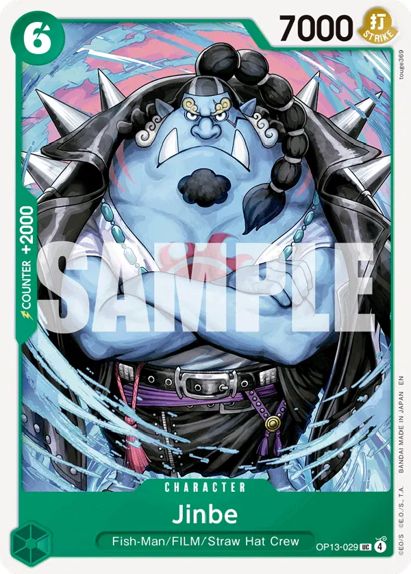 2025 One Piece Card Game Carrying on His Will (OP-13) #OP13-029 Jinbe; official card image from the Bandai card list; publisher sample markings retained