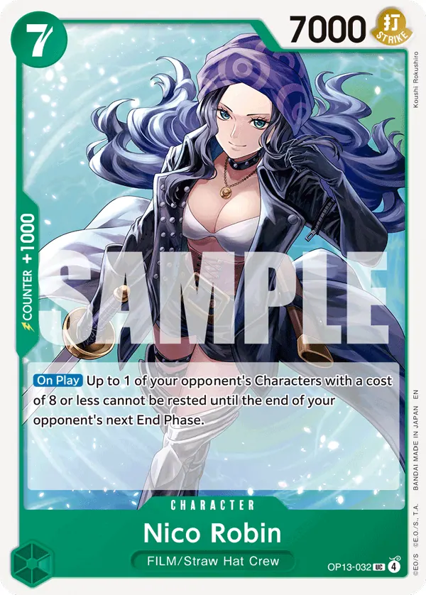 2025 One Piece Card Game Carrying on His Will (OP-13) #OP13-032 Nico Robin; official card image from the Bandai card list; publisher sample markings retained
