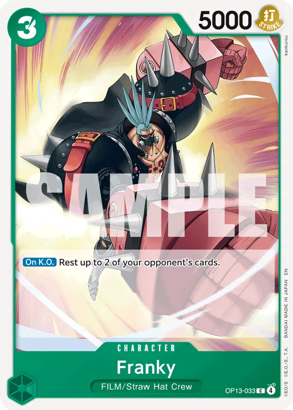 2025 One Piece Card Game Carrying on His Will (OP-13) #OP13-033 Franky; official card image from the Bandai card list; publisher sample markings retained