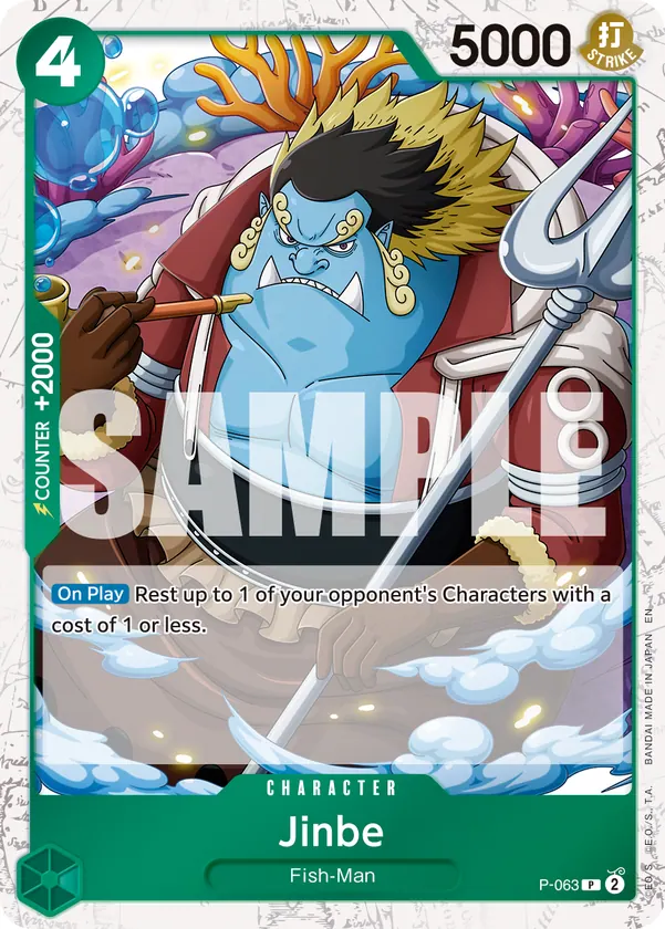 2025 One Piece Card Game One Piece Card The Best Vol. 2 (PRB-02) #P-063 Jinbe; official card image from the Bandai card list; publisher sample markings retained