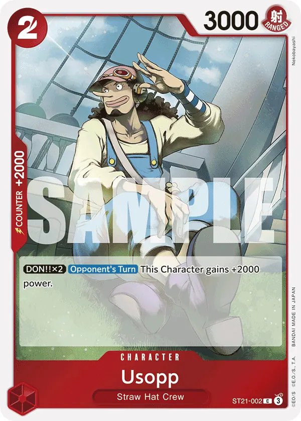 2025 One Piece Card Game GEAR5 (ST-21) #ST21-002 Usopp; official card image from the Bandai card list; publisher sample markings retained