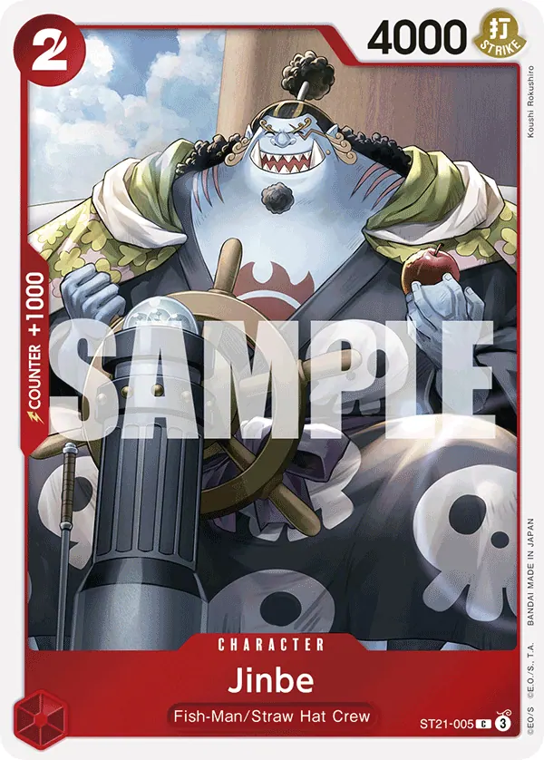 2025 One Piece Card Game GEAR5 (ST-21) #ST21-005 Jinbe; official card image from the Bandai card list; publisher sample markings retained