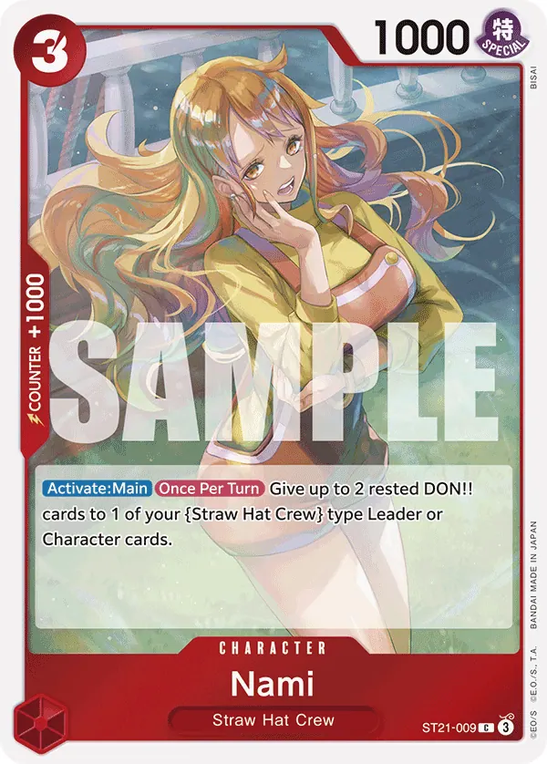 2025 One Piece Card Game GEAR5 (ST-21) #ST21-009 Nami; official card image from the Bandai card list; publisher sample markings retained