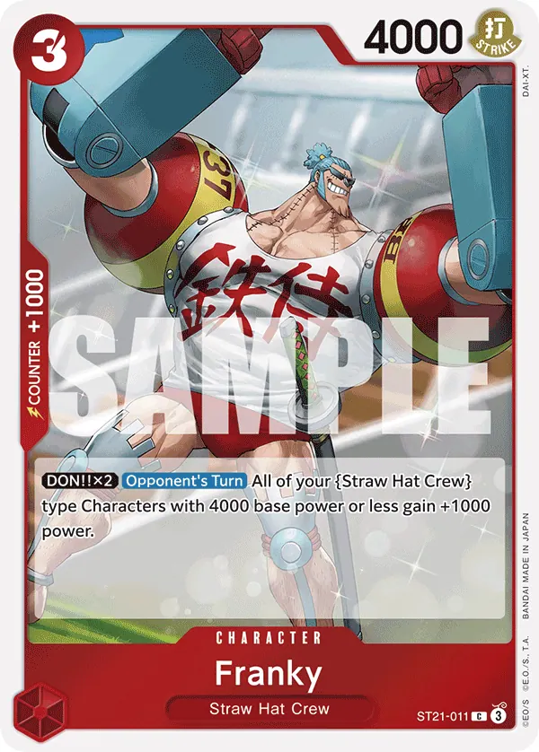 2025 One Piece Card Game GEAR5 (ST-21) #ST21-011 Franky; official card image from the Bandai card list; publisher sample markings retained
