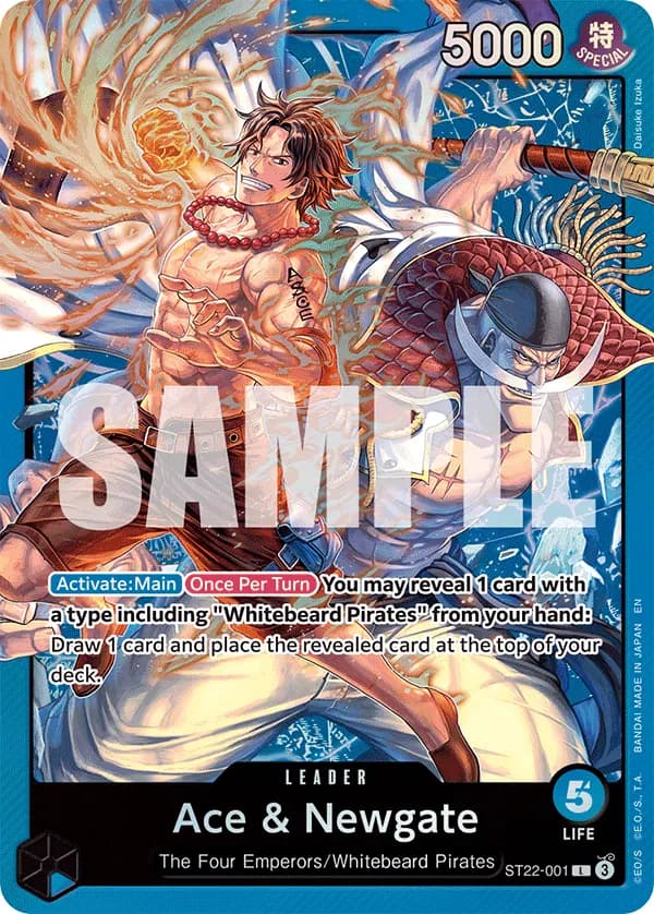 2025 One Piece Card Game Ace & Newgate (ST-22) #ST22-001 Ace & Newgate; official card image from the Bandai card list; publisher sample markings retained