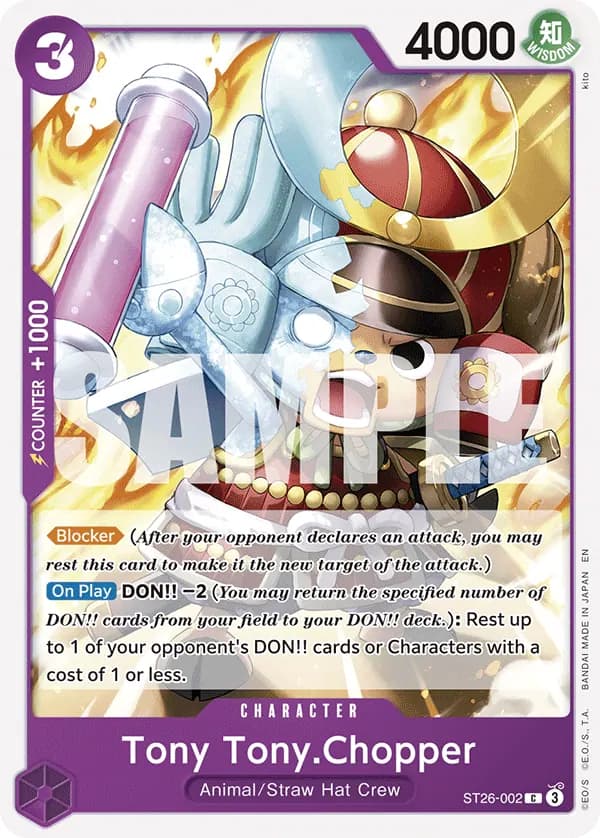 2025 One Piece Card Game Purple/Black Monkey.D.Luffy (ST-26) #ST26-002 Tony Tony.Chopper; official card image from the Bandai card list; publisher sample markings retained